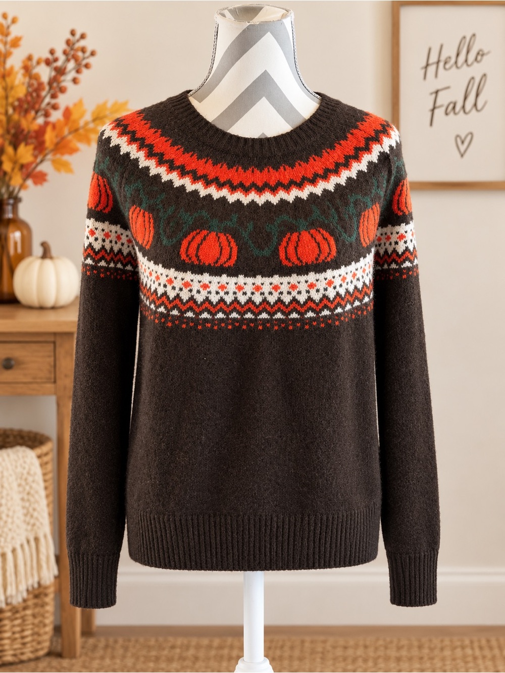 Vince Camuto Pumpkin Fair Isle Brown Crewneck Sweater Size Large